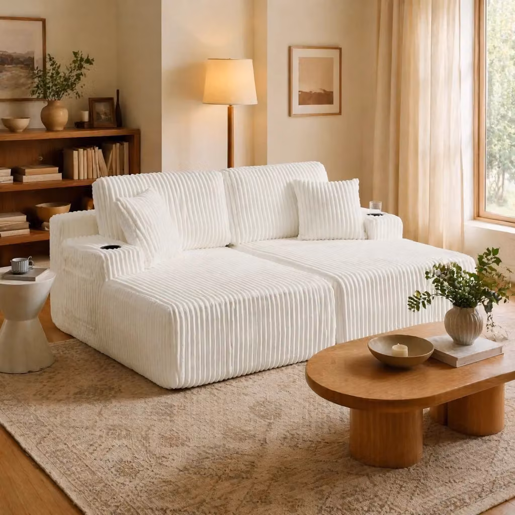Divano letto Mivray a 2 posti in tessuto a coste beige con tasca portabevande e coperture rimovibili – 2