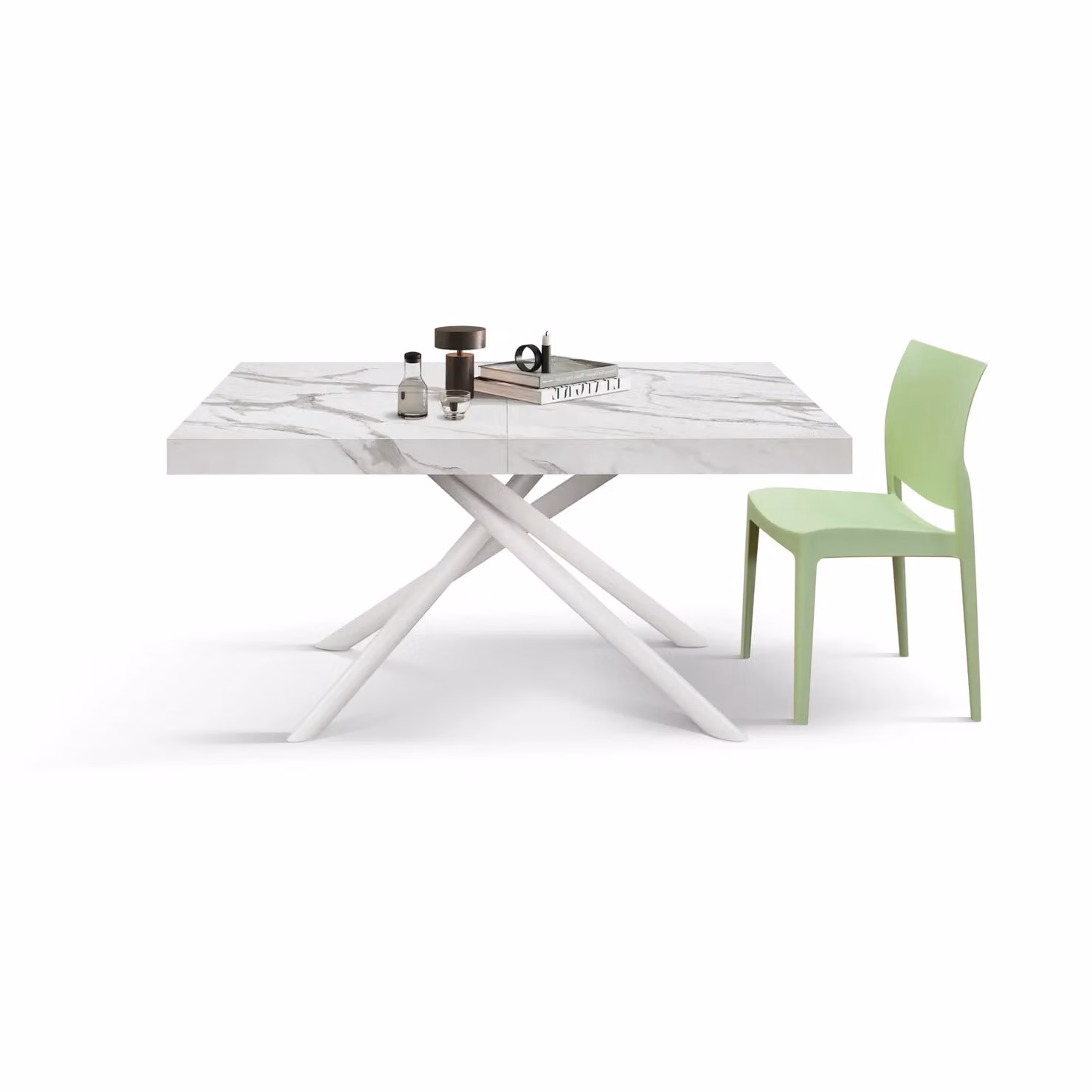 Tavolo CARRARA in legno, finitura bianco statuario e gambe in metallo bianco, allungabile 140×90 cm – 220×90 cm