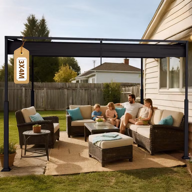 Pergola con tetto scorrevole, dimensioni 3 x 4 metri, colore nero, struttura in acciaio, autoportante