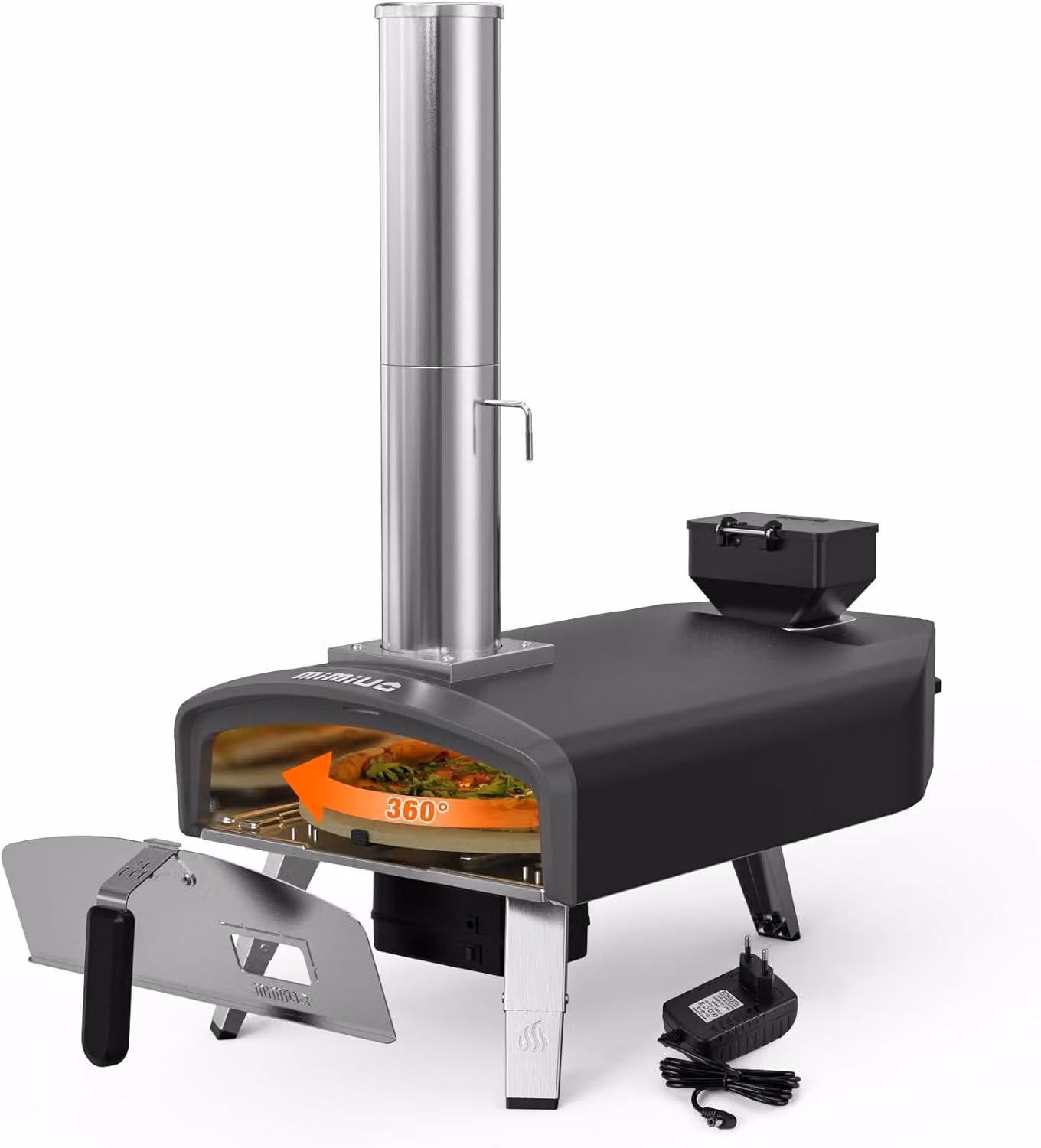Forno per pizza a pellet con sistema di rotazione automatico, forno portatile per pizza con pietra refrattaria da 33 cm, forno per pizza da esterno ideale per picnic, feste e campeggio, colore nero