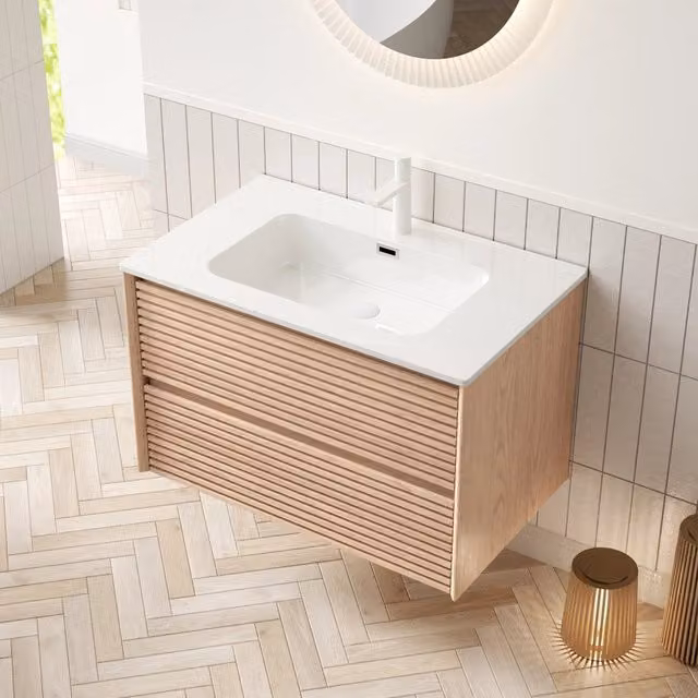 Mobile sottolavabo con lavabo integrato in ceramica e 2 cassetti capienti ammortizzati finitura noce naturale per bagno