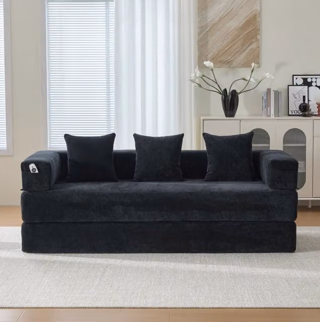 Divano modulare in chenille nero 198x79x60 cm trasformabile HOMVRA