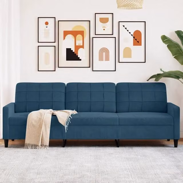 Divano a 3 posti moderno vidaXL in velluto blu con struttura in metallo L: 226 cm, P: 80 cm, H: 77 cm