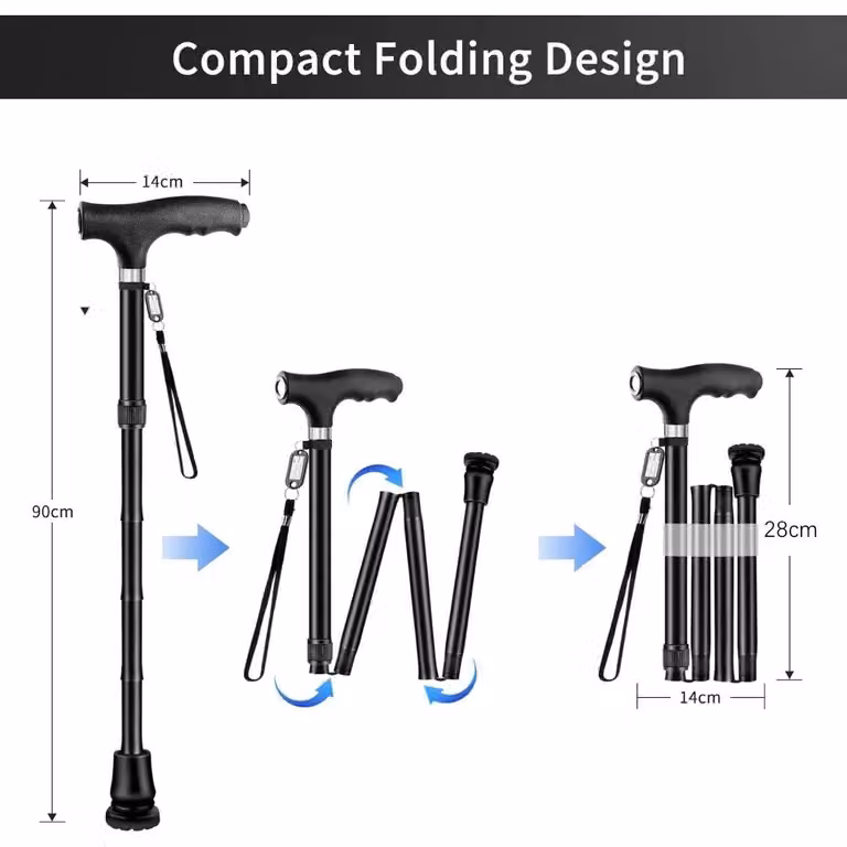 Bastone da passeggio pieghevole e regolabile in altezza - Manico ergonomico antiscivolo con scanalature - Piedino in gomma antiscivolo e ammortizzante - Realizzato in alluminio leggero - Portatile e telescopico
