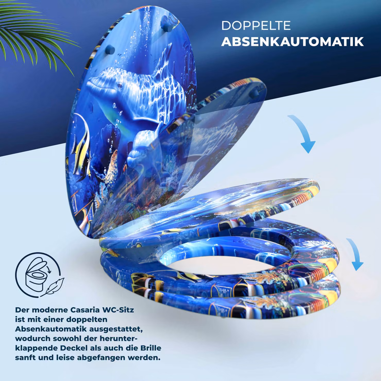Copriwater Casaria con fantasia oceano blu e chiusura ammortizzata in legno L/P/H: 45 x 38 x 5 cm – 3