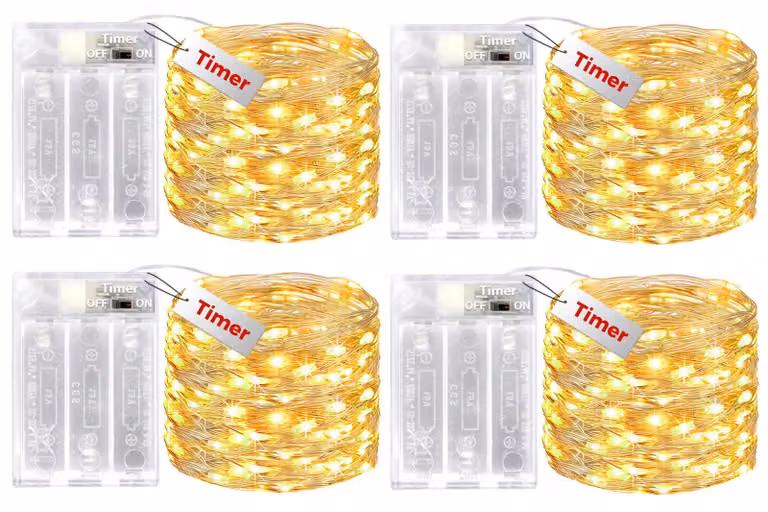Catena luminosa da 10 metri, 100 LED, luce bianco caldo, alimentazione a batteria, timer, confezione da 4
