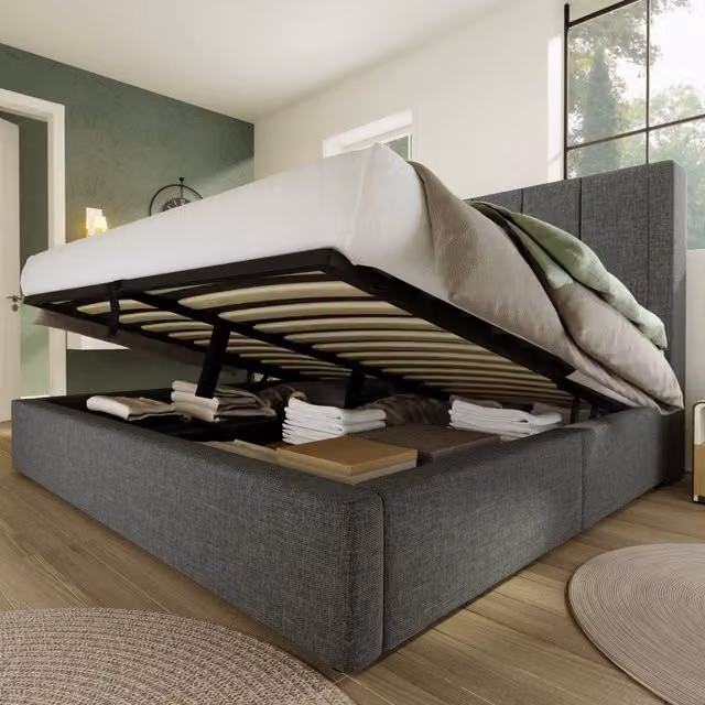 Letto matrimoniale imbottito 140 × 190 cm con vano contenitore e stazione di ricarica in lino grigio