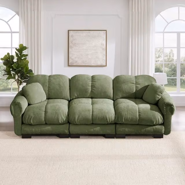 Divano modulare a 3 posti Mivray in tessuto verde con seduta trapuntata e cuscini inclusi L: 260 cm, P: 90 cm, H: 86 cm