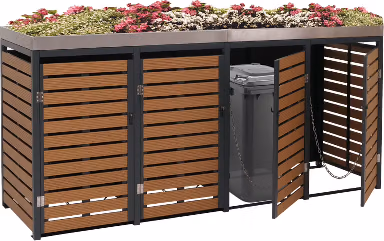 contenitore per 4 contenitori HWC-K14, contenitore con fioriera, 124x265x84cm WPC acciaio inox 132kg ~ look teak