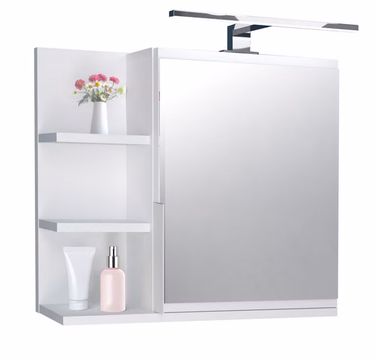 Specchiera 60x50 bianca, mobile bagno con ripiani, specchio bagno, pensile LED LAMPE - sinistra