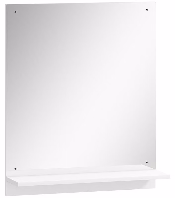Specchio da bagno Moonbite con ripiano, 50 x 60 cm, cornice bianca con bordi in acrilico, vano portaoggetti per chiavi e cosmetici, viti incluse, colore bianco