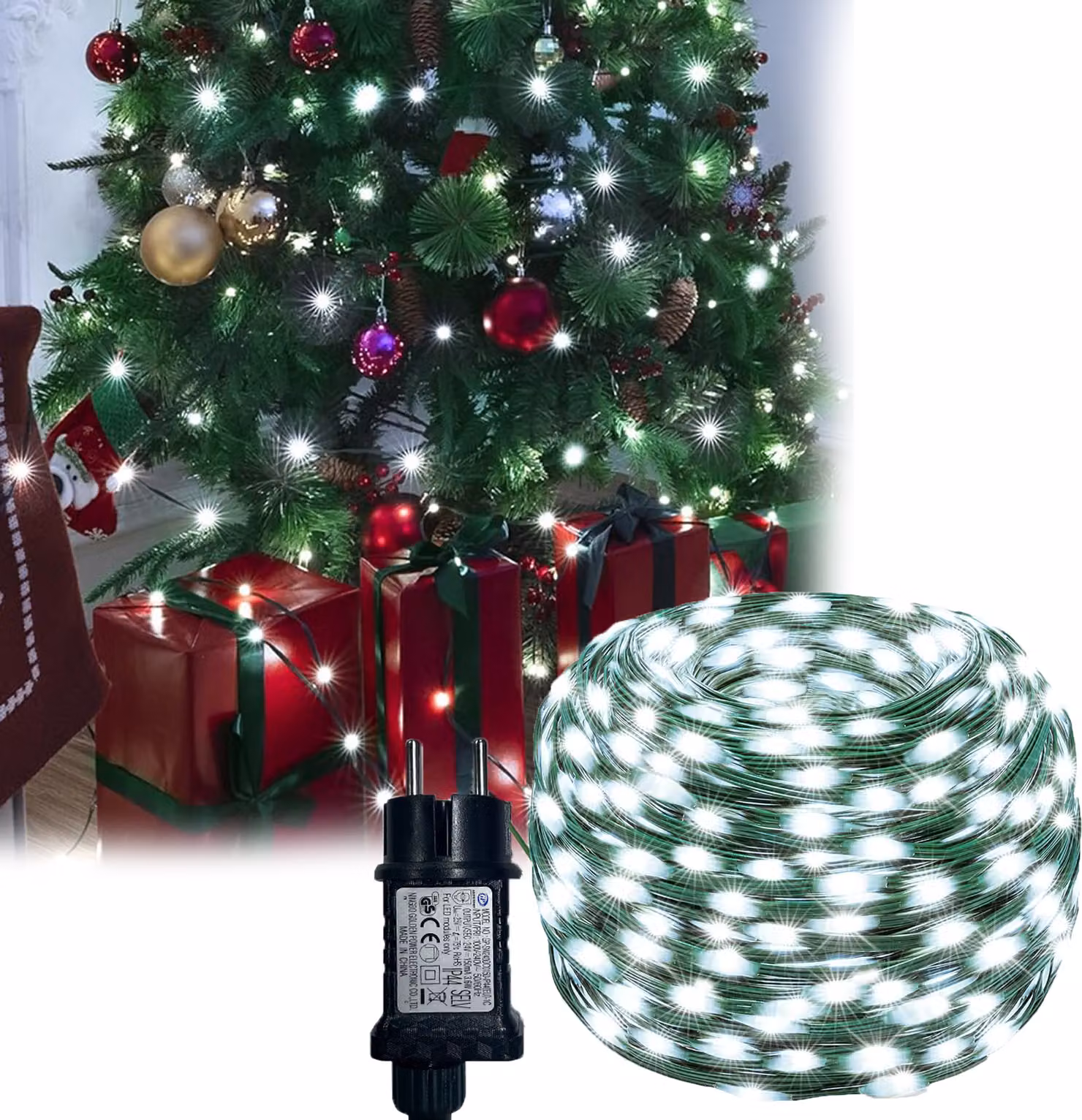 Ghirlanda luminosa a LED bianca da 20 m con 200 LED, cavo verde, funzione di memorizzazione e 8 modalità, Natale, IP65 per esterni, giardino, albero di Natale