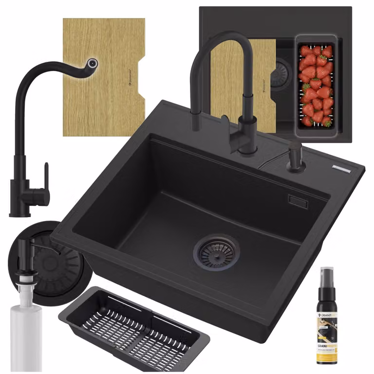 Granitan - Lavello in granito - Lavello da cucina - Nero - con accessori - Lavello - FOXAL