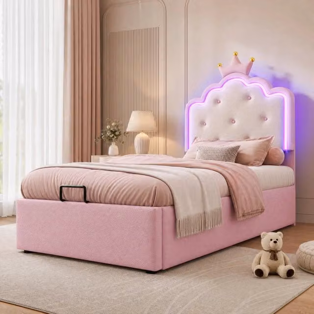 Letto per bambini imbottito 90x200 cm in PU e MDF con luce LED e contenitore; rosa