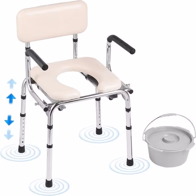 Sedia da Comoda Toilette FBL760101 in Acciaio con Seduta Imbottita Braccioli Ribaltabili Altezza Regolabile Secchio 5,8 L Capacita 158,8 kg