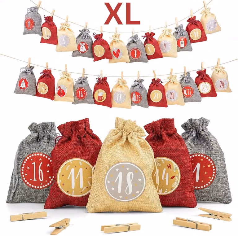 Calendario dell'Avvento da riempire - 24 pezzi - Calendario di Natale 2026 - Sacchetti di juta di 20 x 15 cm - Sacchetti per decorazioni natalizie