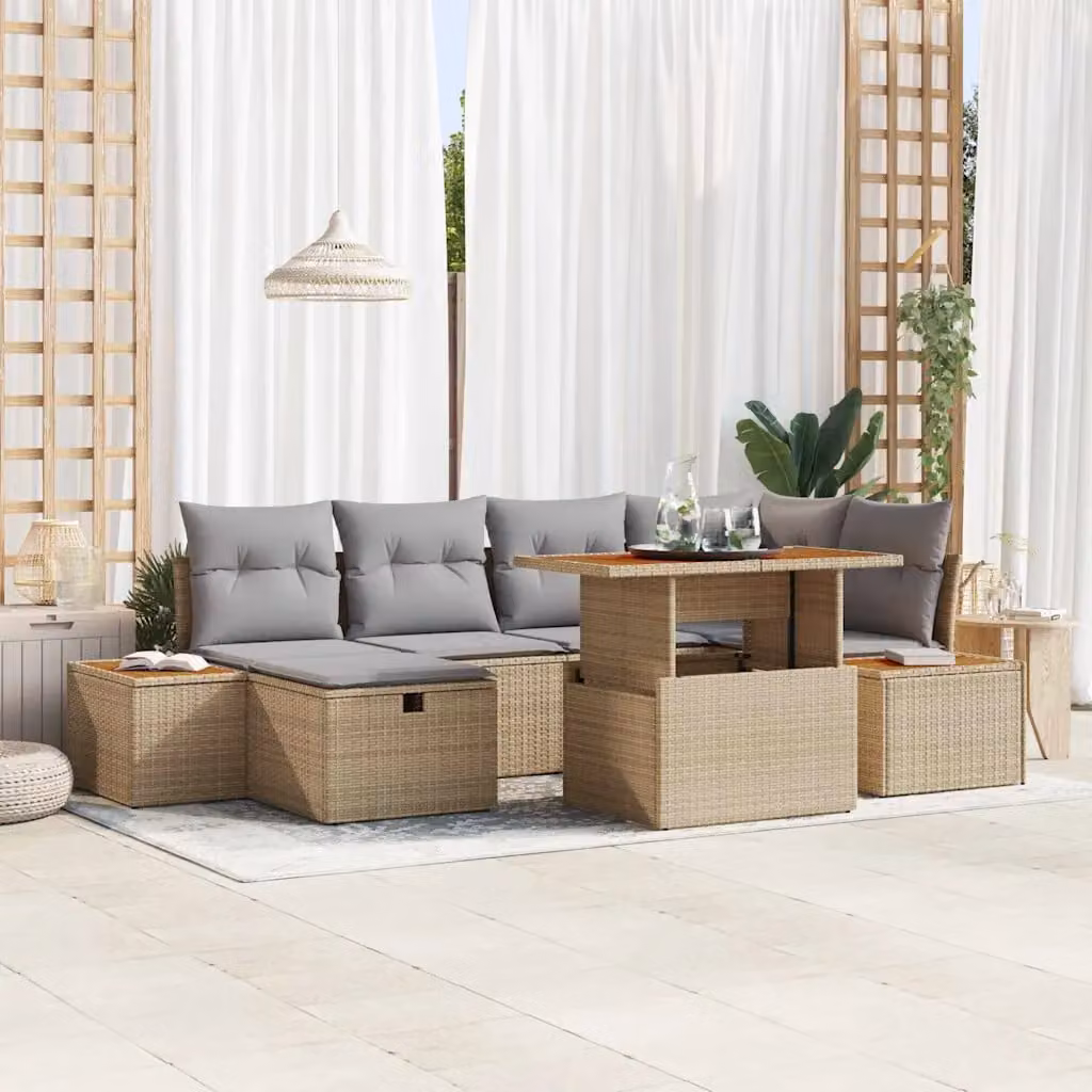 Set Divano da Giardino vidaXL 7 Pezzi a Forma di L in Polyrattan Beige con Cuscini e Tavolino da Esterno