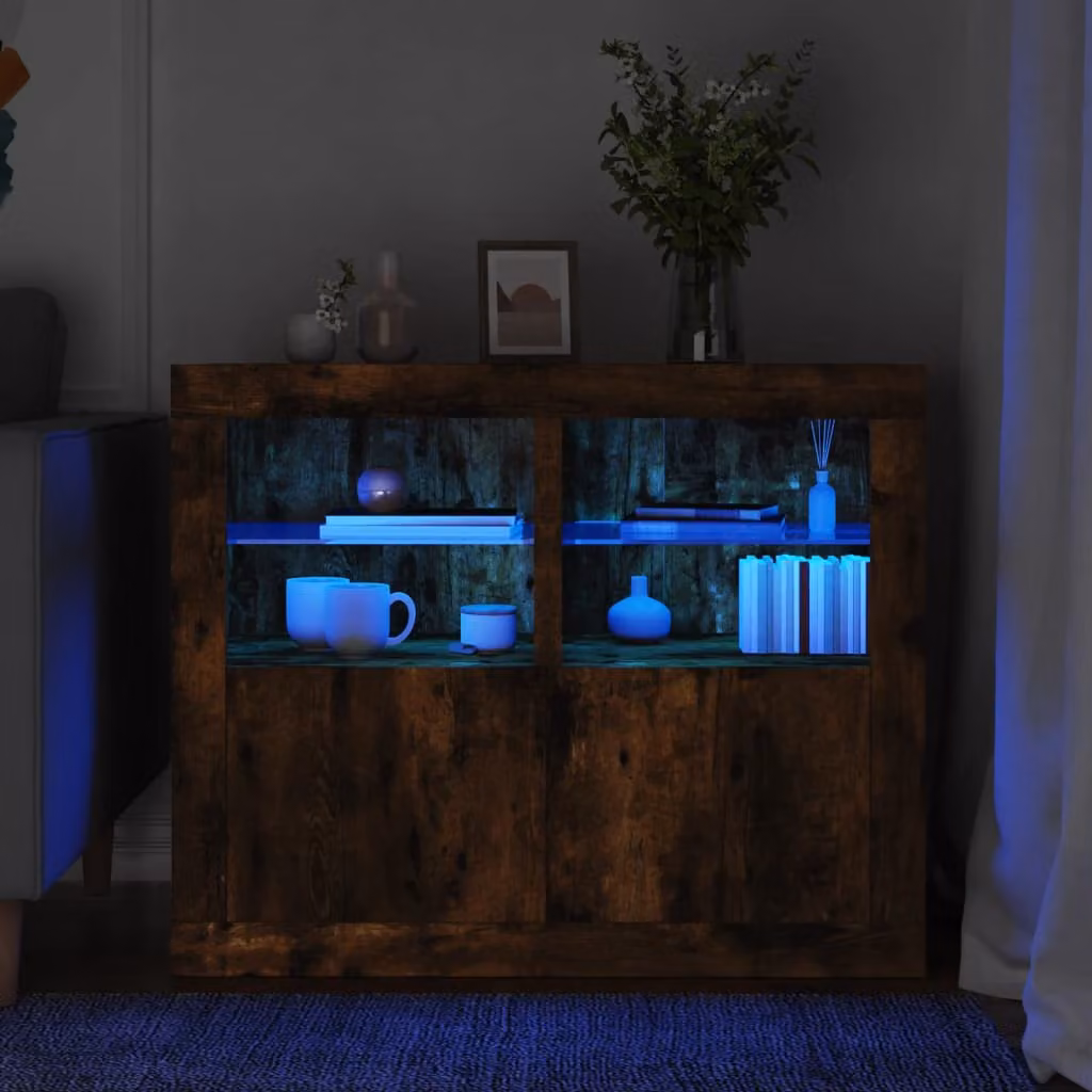 Set di 2 armadietti moderni vidaXL con luci LED integrate in legno e vetro, colore Rovere Fumo