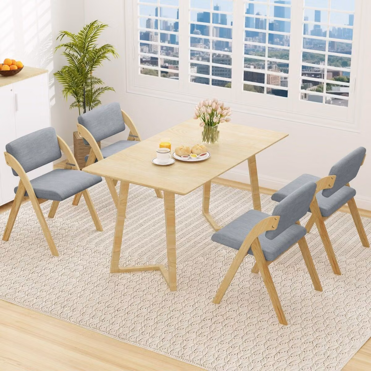 Set di 4 sedie da pranzo pieghevoli Costway in stile scandinavo con gambe in legno di gomma e seduta imbottita in tessuto, Grigio