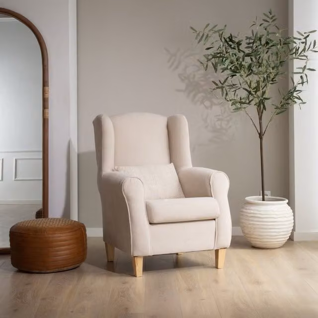 Poltrona Banak beige in tessuto con struttura in legno e imbottitura in schiuma PU per soggiorno o camera da letto