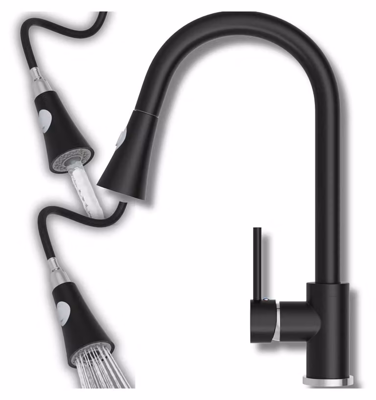 Granitan - Rubinetto da cucina - Rubinetto per lavello - Bocca estraibile - 2 tipi di getto - Nero - SNAKE