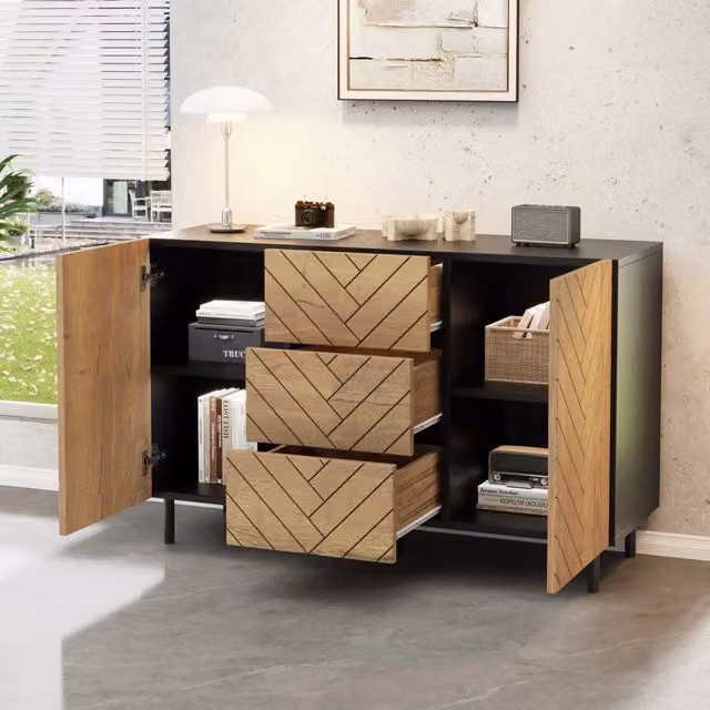 Sideboard moderno WISHDOR in MDF con finitura opaca, colore marrone e nero, L/P/H: 120 x 40 x 76 cm