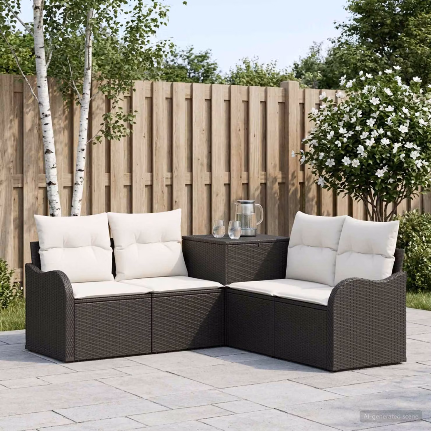 Set di divani da giardino vidaXL in polyrattan nero e bianco con cuscini inclusi per esterno