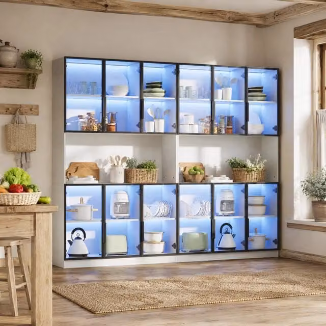 Vetrina alta 240x34x200 cm con 12 ante; LED controllato da app; MDF e vetro; bianco