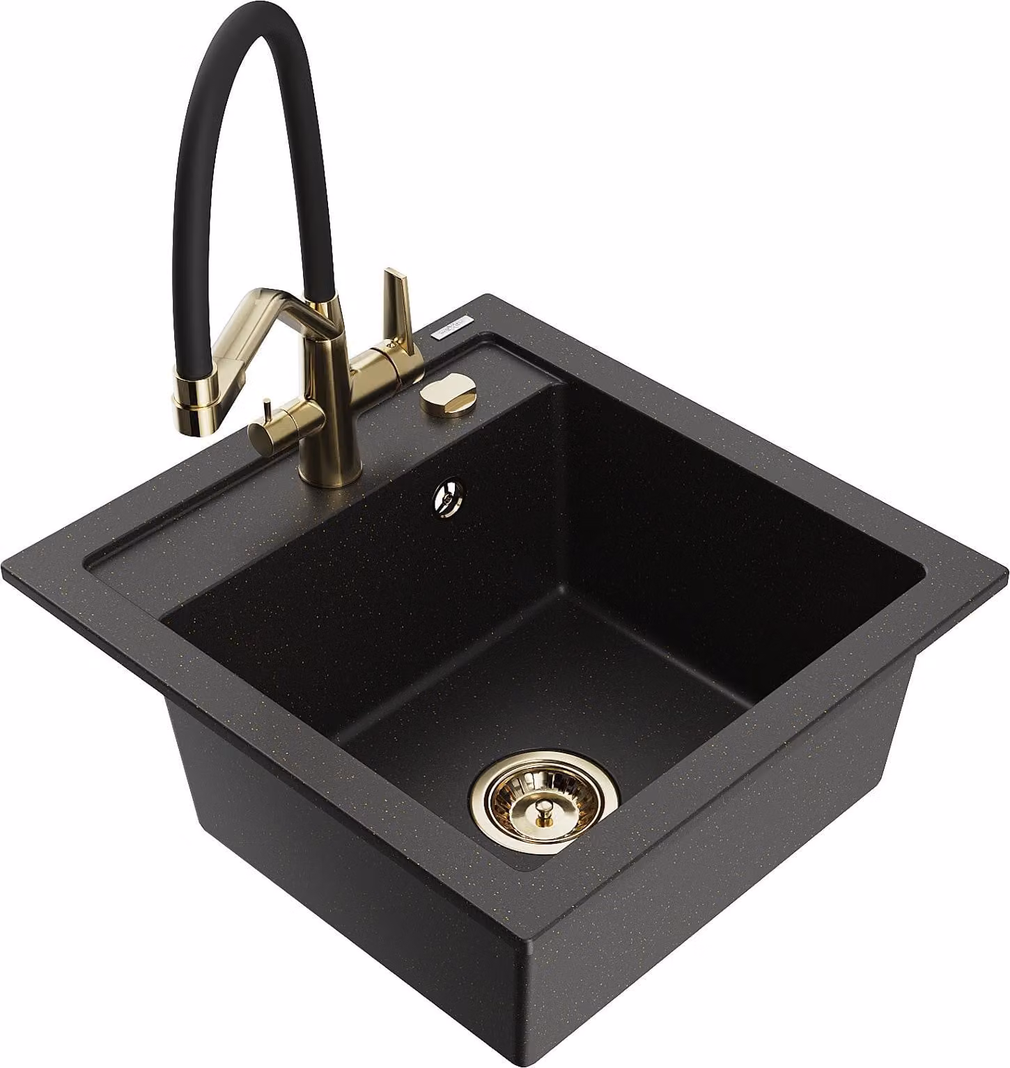 Mexen Vito lavello in granito a 1 vasca con rubinetto da cucina Duo, nero/oro metallizzato - 6503-75-671701-57-G