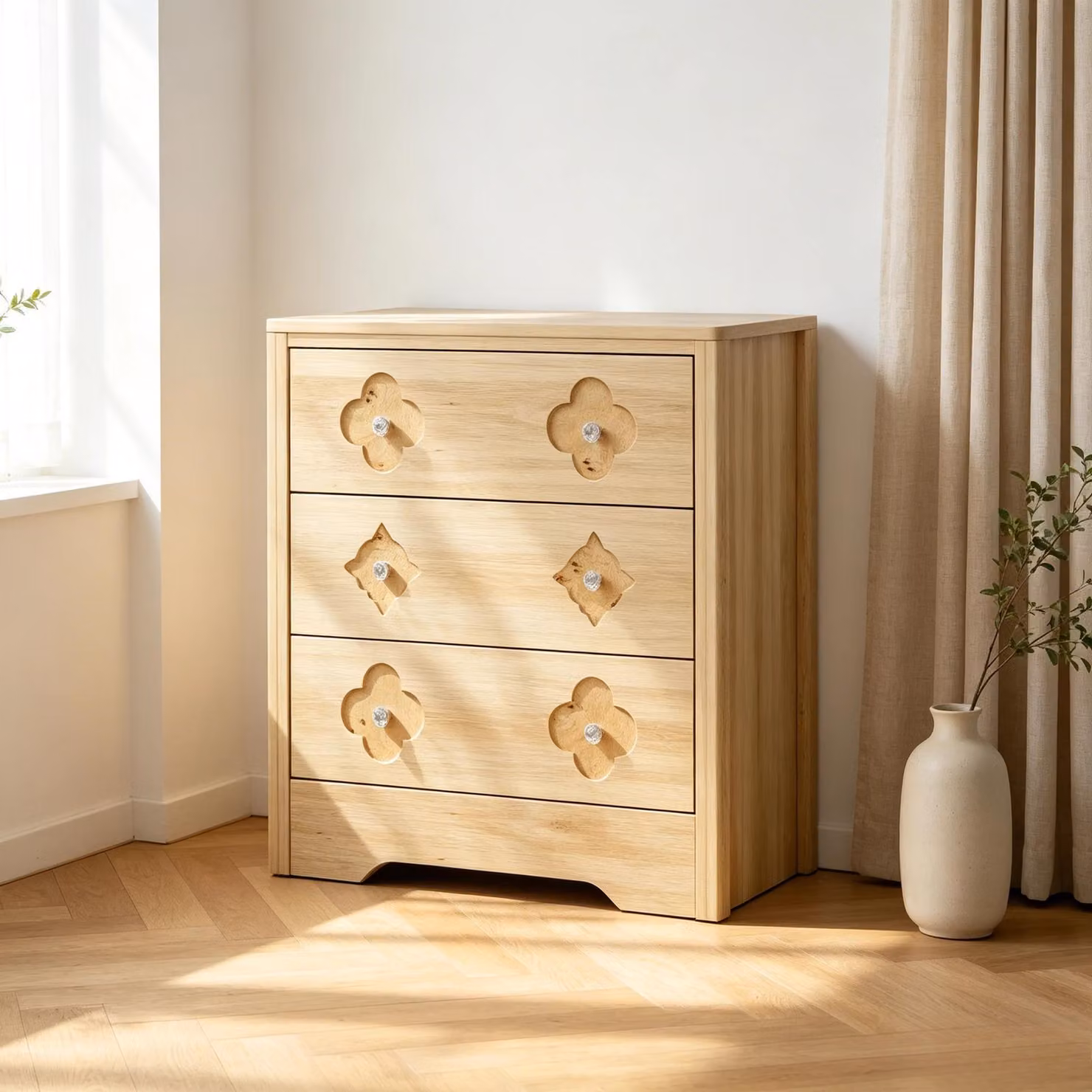 Comò alto - Mobiletto in legno con 3 cassetti - Frontali decorativi - Ampio spazio di stoccaggio - Adatto per camere da letto, soggiorni, ingressi - Scaffale di stoccaggio non pieghevole - Colore kaki