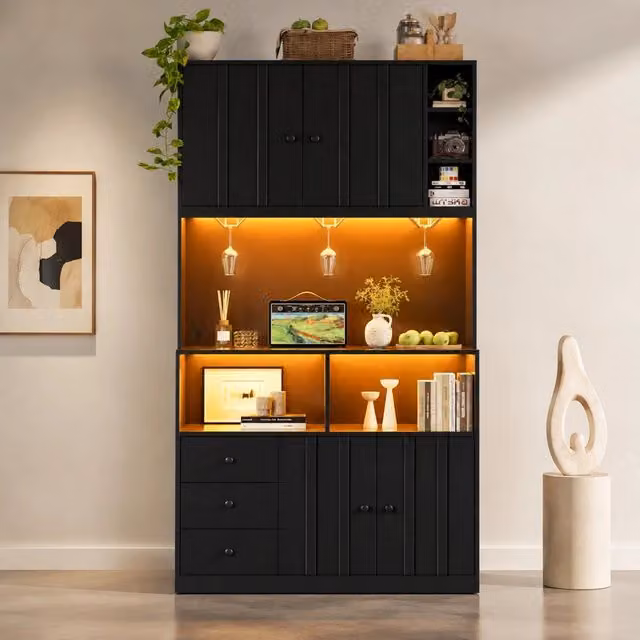 Colonna cucina con contenitore e vetrina; LED RGB; prese e portabicchieri; MDF nero; 100 × 40 × 180 cm