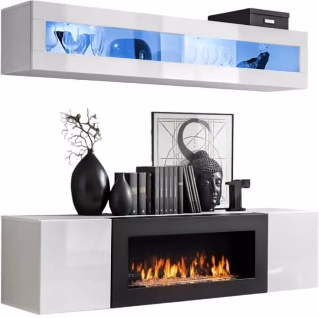 Mobili sospesi con caminetto decorativo collezione FLY N2. Colore bianco.