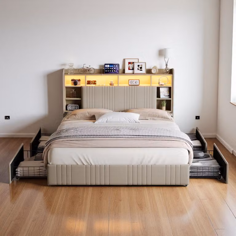 Letto imbottito ProximaX 140x200 cm con porte USB e prese di corrente, letto matrimoniale per ragazzi con 4 cassetti, letto contenitore in legno massello con LED/Tipo C e rete a doghe, lino, beige