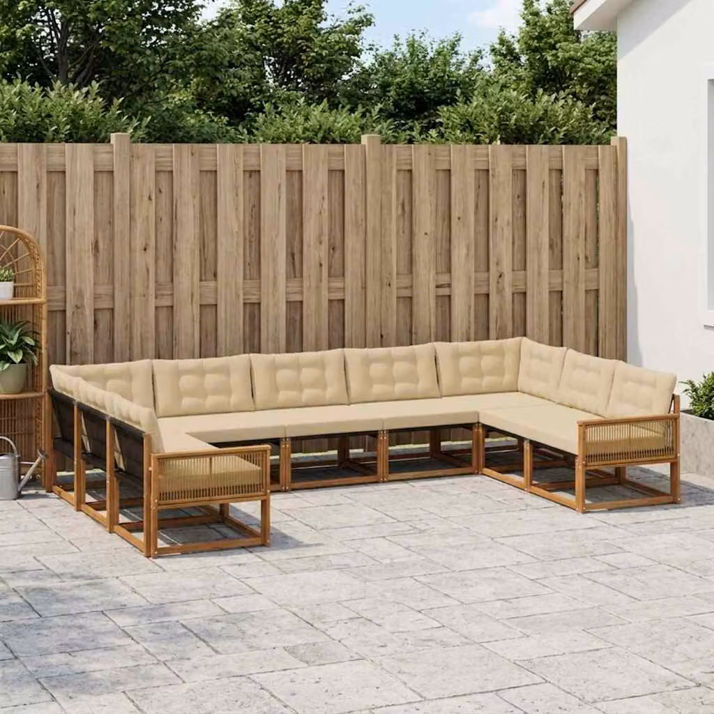 vidaXL Set di divani da esterno a L in legno di acacia e textilene, 9 pezzi, Beige e Marrone