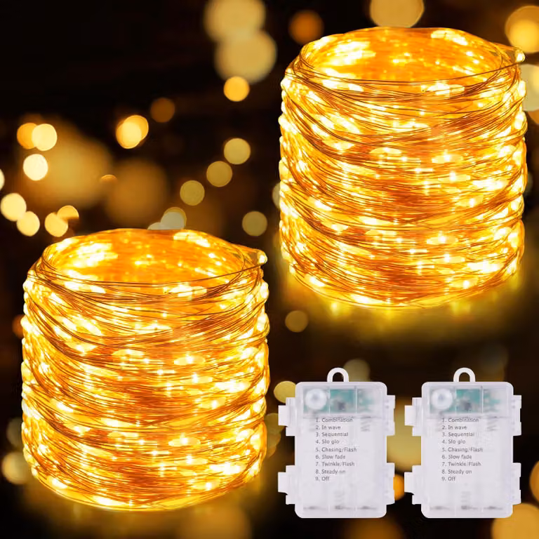 Catena luminosa da 10 metri, 100 LED bianco caldo, 8 modalità, confezione da 2