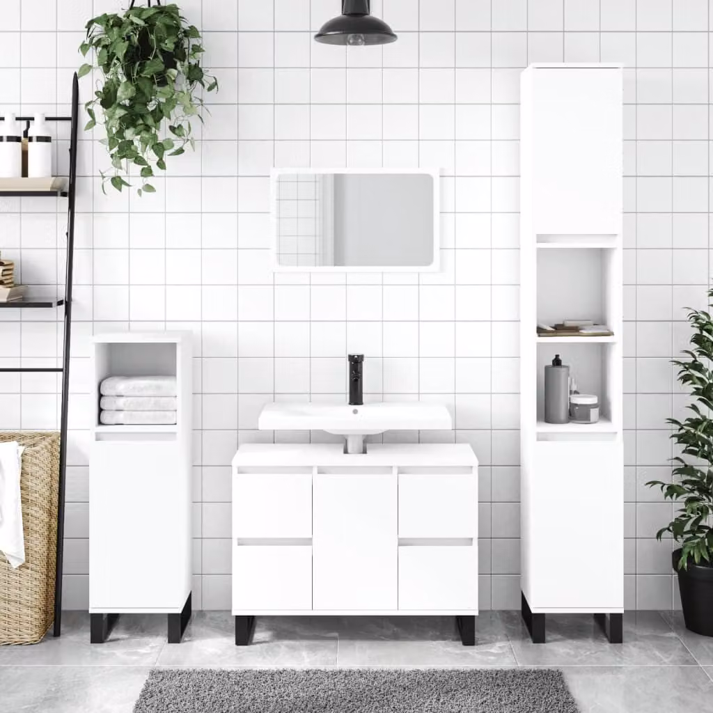 Armadietto da bagno bianco vidaXL in legno e metallo con ante a battente e ripiani interni L/P/H: 30 x 30 x 100 cm