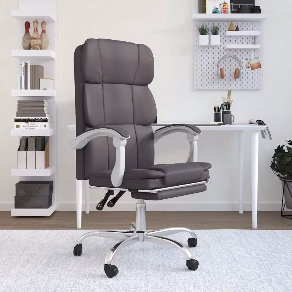 vidaXL Poltrona da Ufficio Executive Reclinabile in Similpelle Grigia con Poggiatesta e Ruote L/P/H: 63 x 76.7 x 122 cm