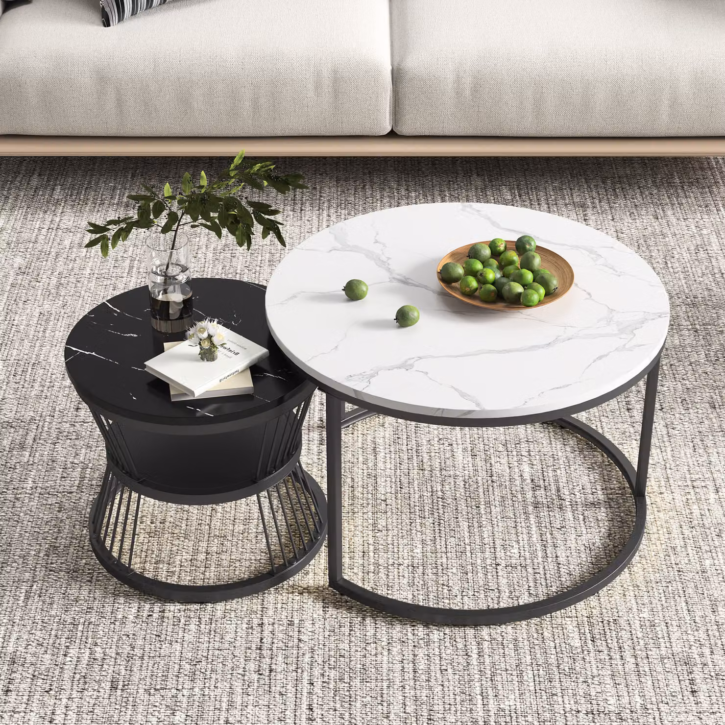 CDGlobal set di 2 tavolini da caffè tavolino rotondo 70 x 45,5 cm e 45 x 40 cm tavolo da soggiorno tavolo da divano tavolo in marmo motivo tavolo in legno struttura in metallo nero