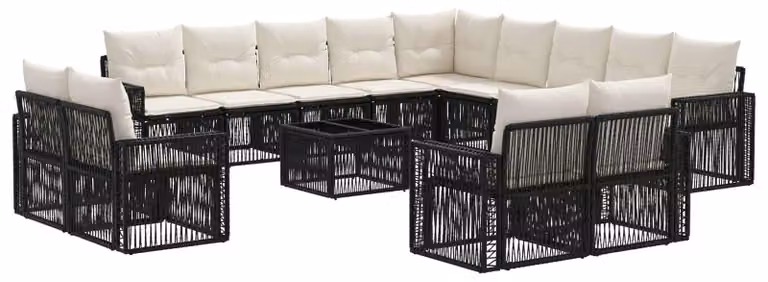 Set Divano da Giardino 14 pcs Nero e Bianco Crema polyrattan
