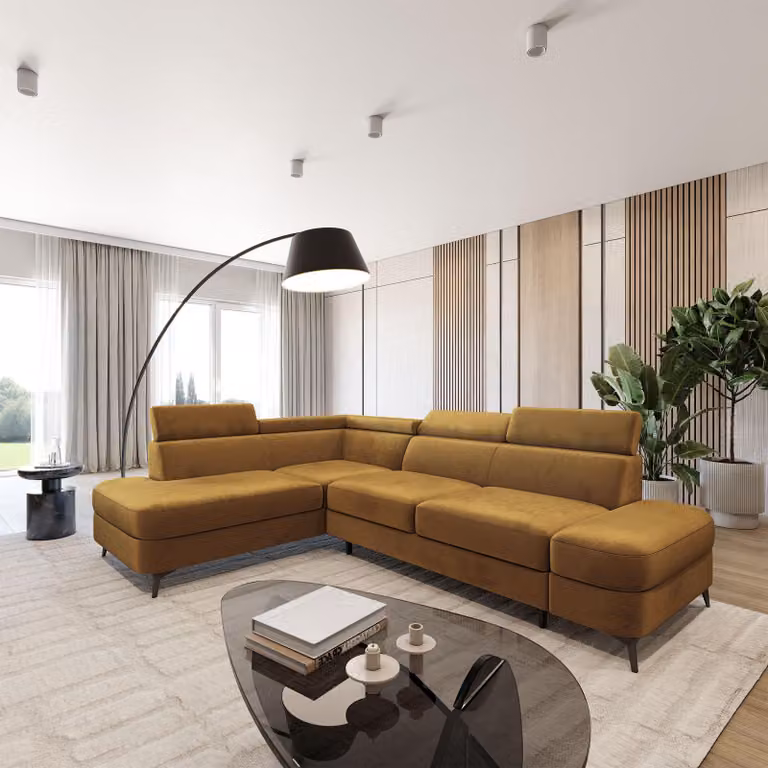 Divano ad angolo Masseno AVISE M L-S con funzione letto a L, divano con contenitore, divano da salotto, divano, divano letto, set divani - Giallo, MONOLITH 48