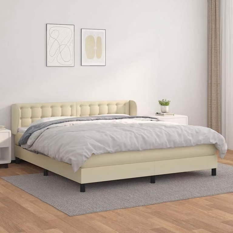 vidaXL Giroletto a Molle con Materasso Ibrido in Similpelle Beige e Bianco L/P/H: 160 x 200 x 76 cm