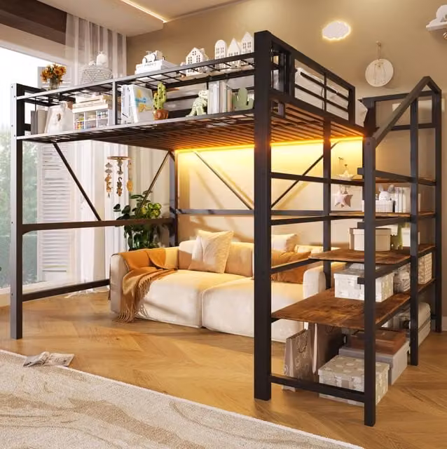 Letto a soppalco in metallo 140x200 cm con mensole a gradini, elementi a rete, cesto portaoggetti, spazio aperto sotto, luce LED regolabile, nero