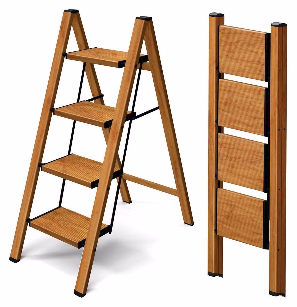 Scala a treppini pieghevole, con 4 gradini, in alluminio con finitura effetto legno