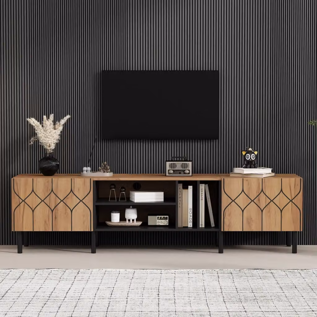 Mobile TV Mivray moderno in MDF e truciolare con 2 ante push to open e 4 vani aperti, colore naturale e nero, L/P/H: 180 x 40 x 50 cm – 2