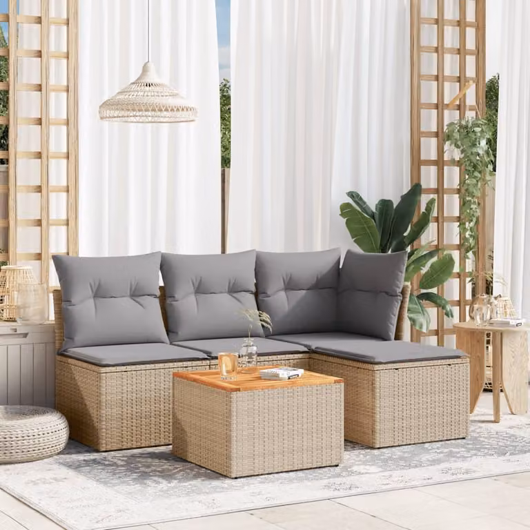 vidaXL Set Divano da Giardino a L in Polyrattan con Cuscini Beige e Grigio e Tavolino da Esterno 5 pz
