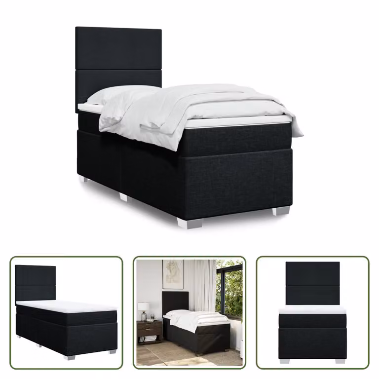 The Living Store Letto a molle con materasso nero 90x200 cm in tessuto