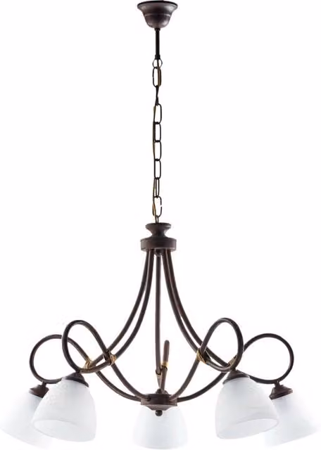 Lampadario a sospensione Dallas BeLight in ferro battuto nero e ruggine con vetro bianco, stile vintage, 5 luci – 1