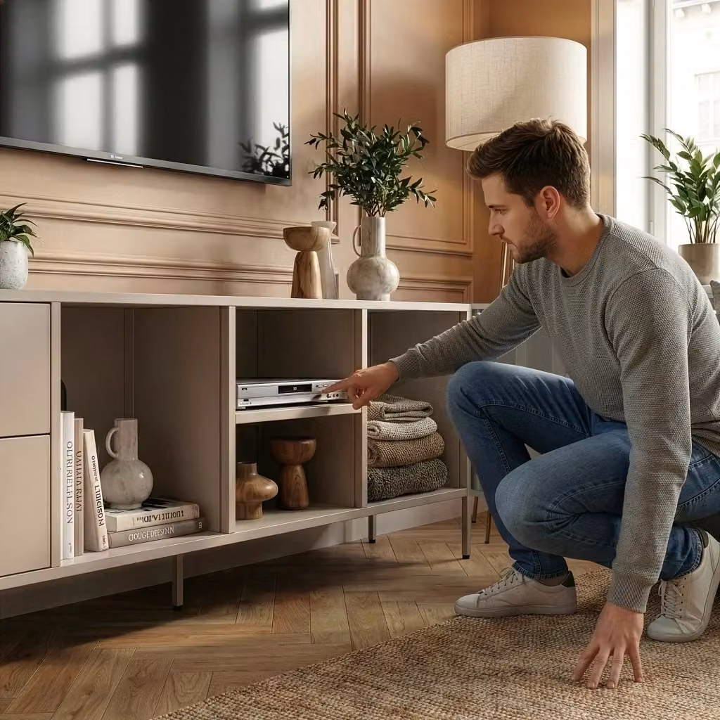 Mobile TV Kliri en.casa in metallo beige con 2 cassetti e scomparti L: 150 cm, P: 35 cm, H: 58 cm – 2