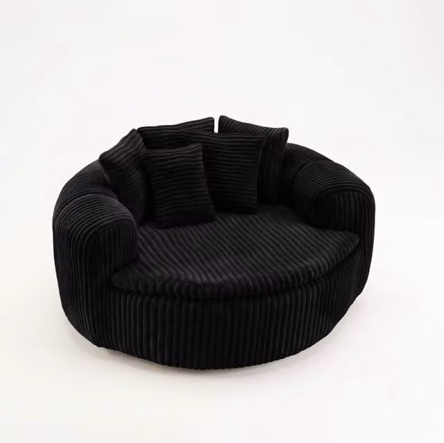 Poltrona Lounge in tessuto a coste con cinque cuscini, seduta profonda imbottita, braccioli avvolgenti, 145x133x59 cm, nero