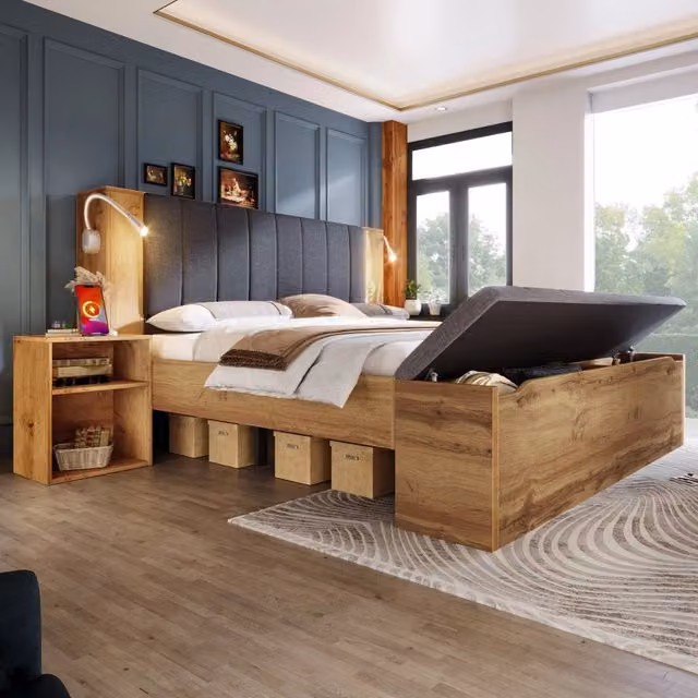 Letto Matrimoniale Moderno con Base Contenitore Lift Up, Lampada da Lettura Integrata, Porte USB, 2 Comodini e Panca, Colore Rovere Marrone, L/P: 160 x 200 cm